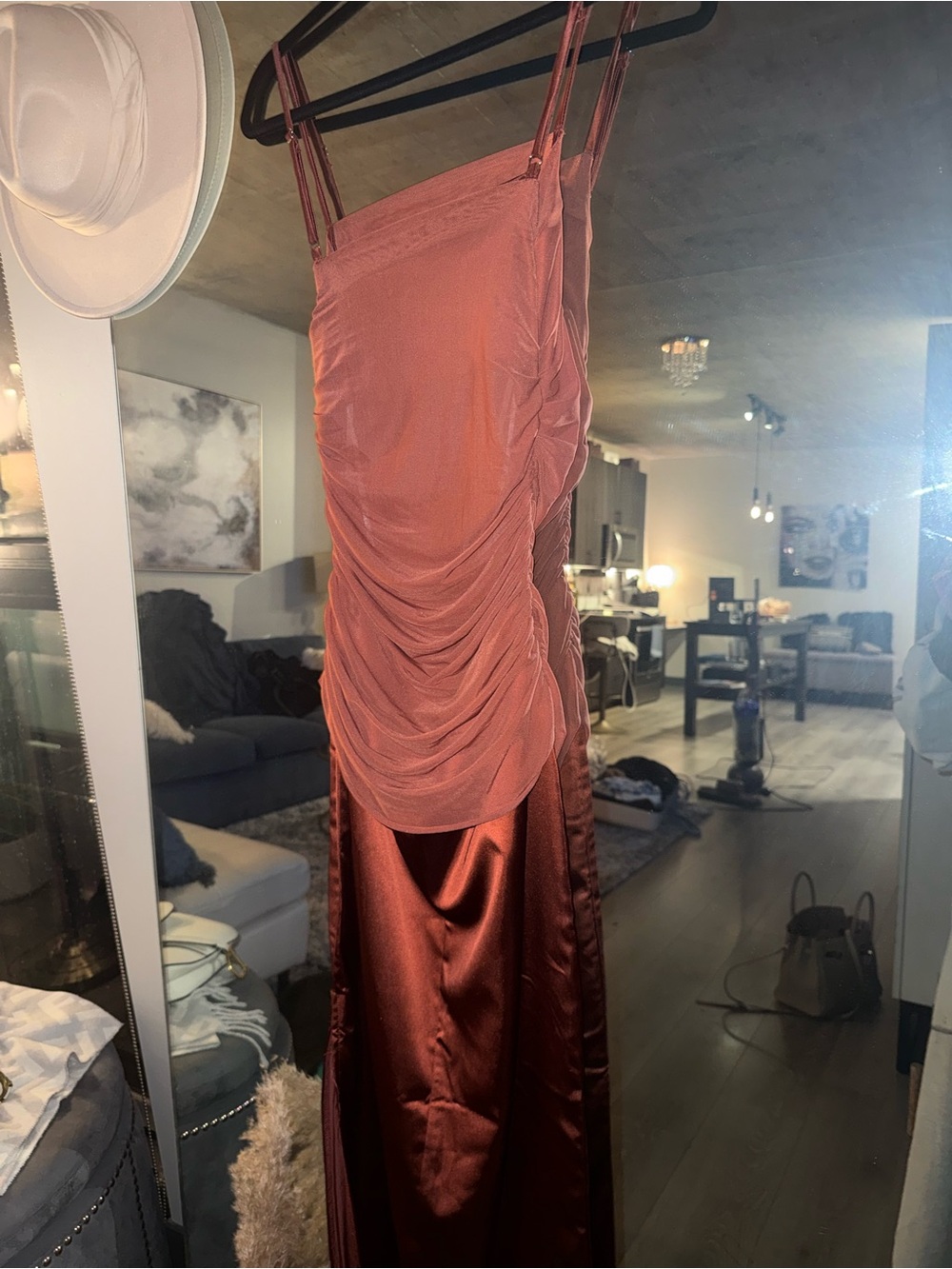 Lulu's Rust Satin Ruched Maxi Dress - Picture 8 of 9